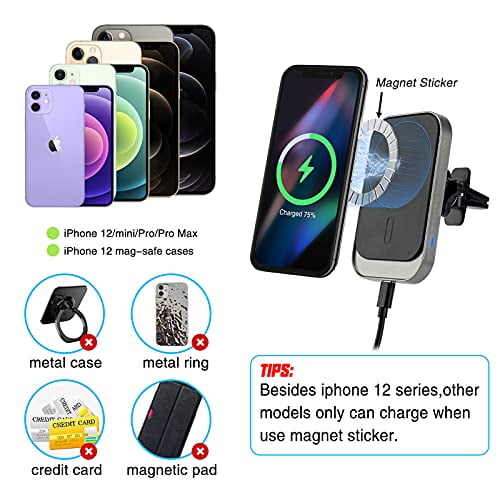 Rotate 360 Degrees Silver, Long-Clip Wireless Charging and Super Fast Charging Car Phone Holder Compatible with iPhone 12/12 Pro/11 Pro Max/8 Plus/8/X/XR/XS/SE Samsung Galaxy Note 10 Plus 